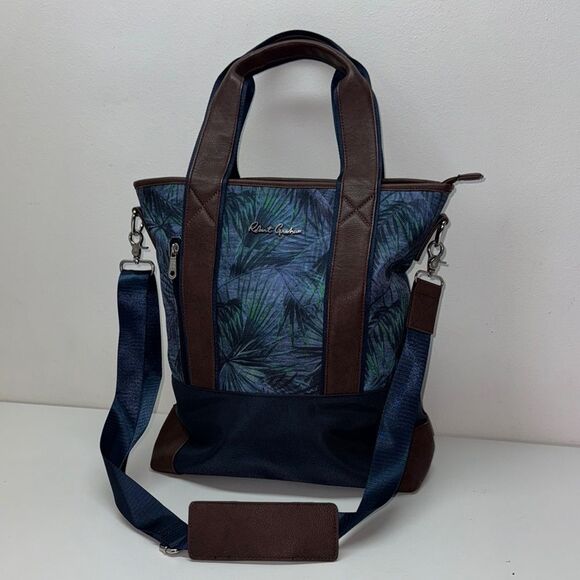 🔥Robert Graham Blue and Brown  Bag with Leather Trim Floral Convertible Tote New - Picture 1 of 14